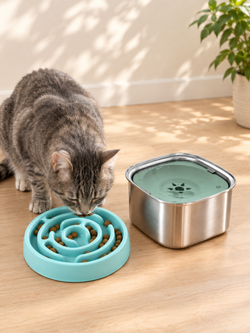 A gray tabby cat is shown eating from a turquoise slow feeder bowl next to a stainless steel water bowl with a matching turquoise lid, set on a light wood floor in a sunlit room.