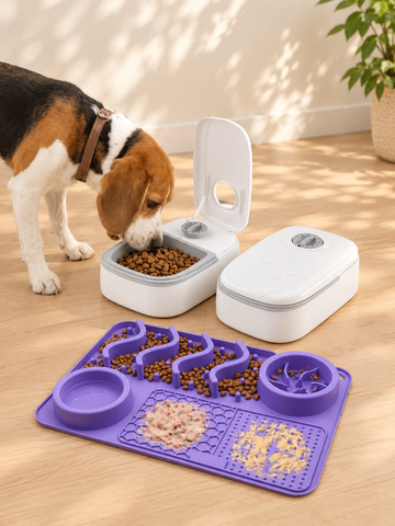 A beagle dog eats from a white automatic pet feeder while another closed unit sits beside it. In front is a purple slow feeder mat with bowls and sections containing kibble and wet food, shown on a light wood floor in a bright indoor setting.