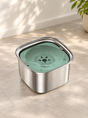 A square stainless steel pet water fountain with a clear lid and mint green water, placed on a tiled floor in a sunlit room.