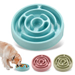 Light blue slow feeder bowl with dry pet food inside