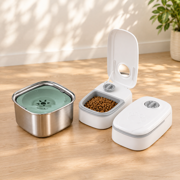 A pet feeding station set on a light wood floor, featuring a stainless steel water bowl with a mint green water level indicator, a white and gray food dispenser filled with kibble, and a matching closed white food container.